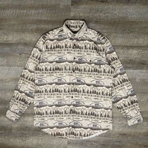 VTG Woolrich Flannel Shirt Men’s L Beige Fishing Print AOP Western Button Down